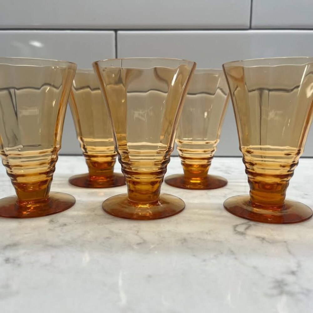 (5) Vintage Cordial Amber Cone-shaped Glasses